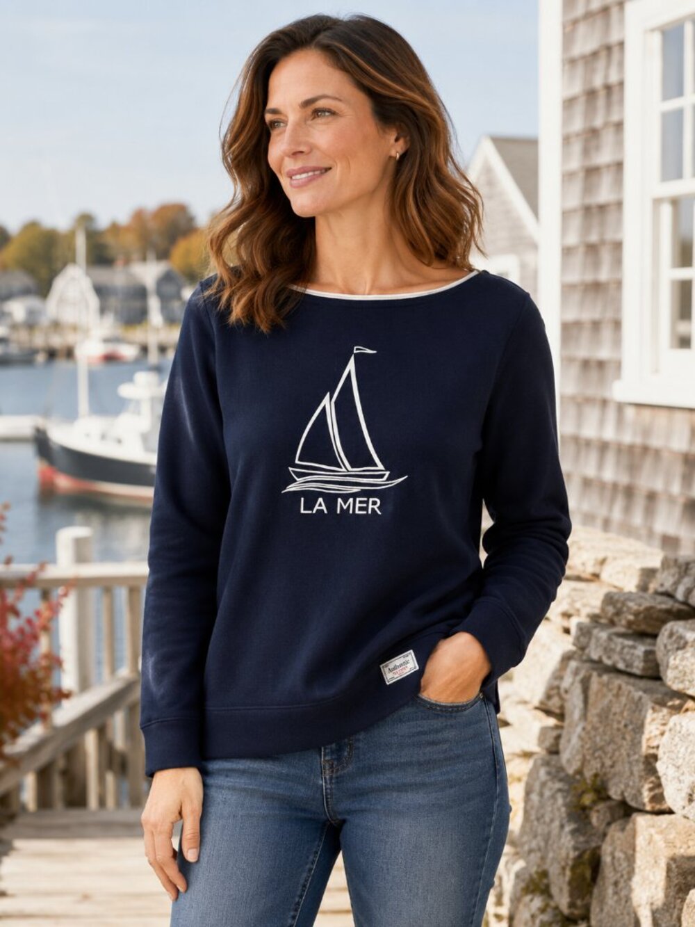 Talbots Navy Crewneck Sweater with White Sailboat Motif